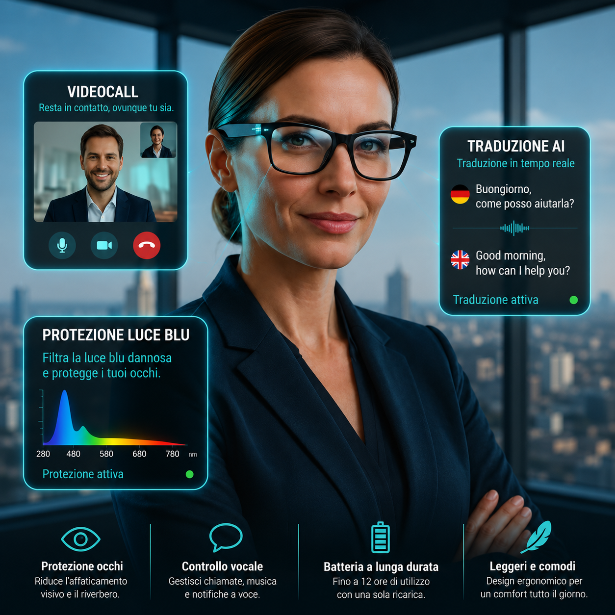 AI Sunglasses traduzione AI, videocall e protezione luce blu
