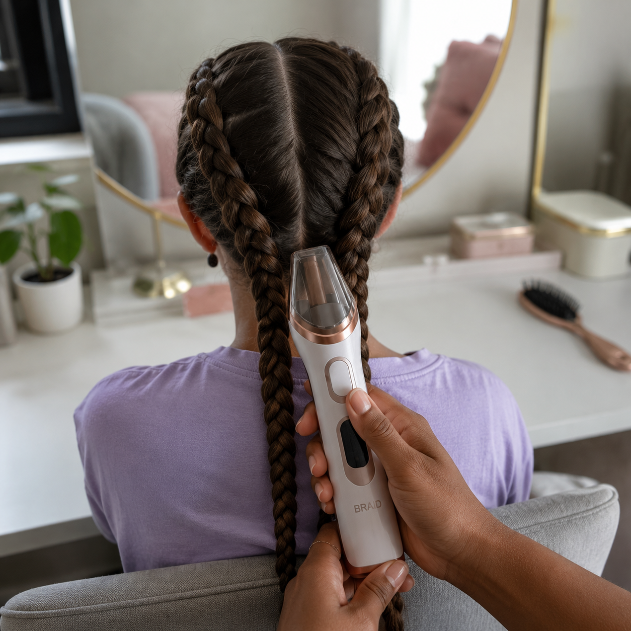 Donna con trecce realizzate con Hair Braiding Tool