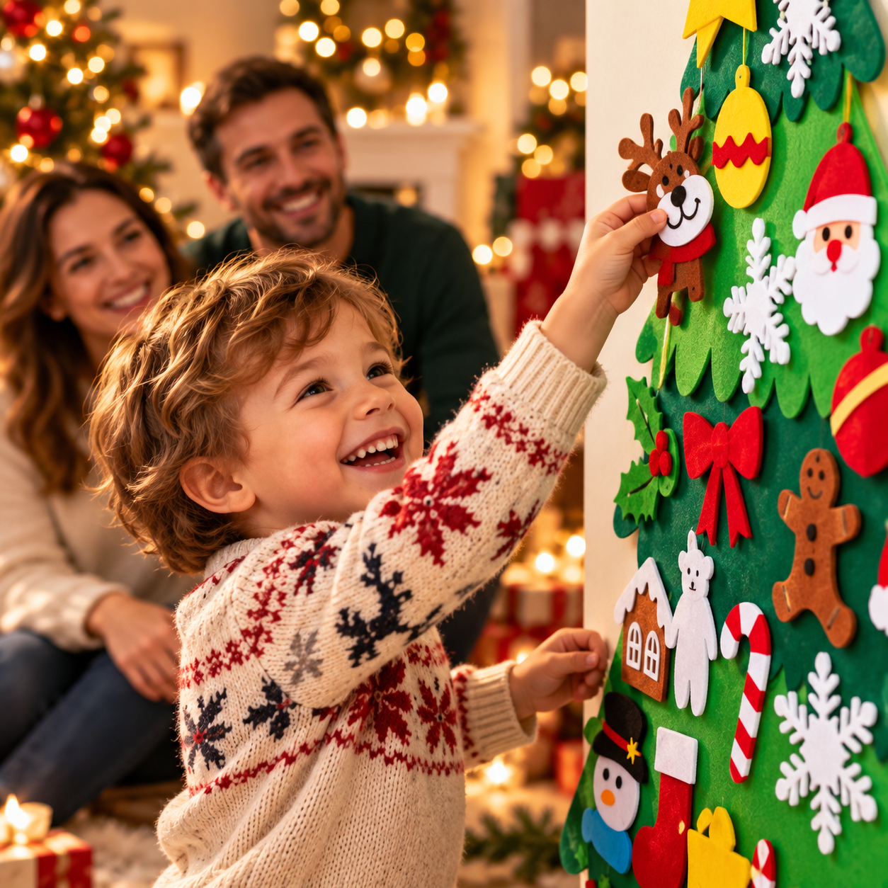 Bambino felice mentre decora il suo albero di Natale