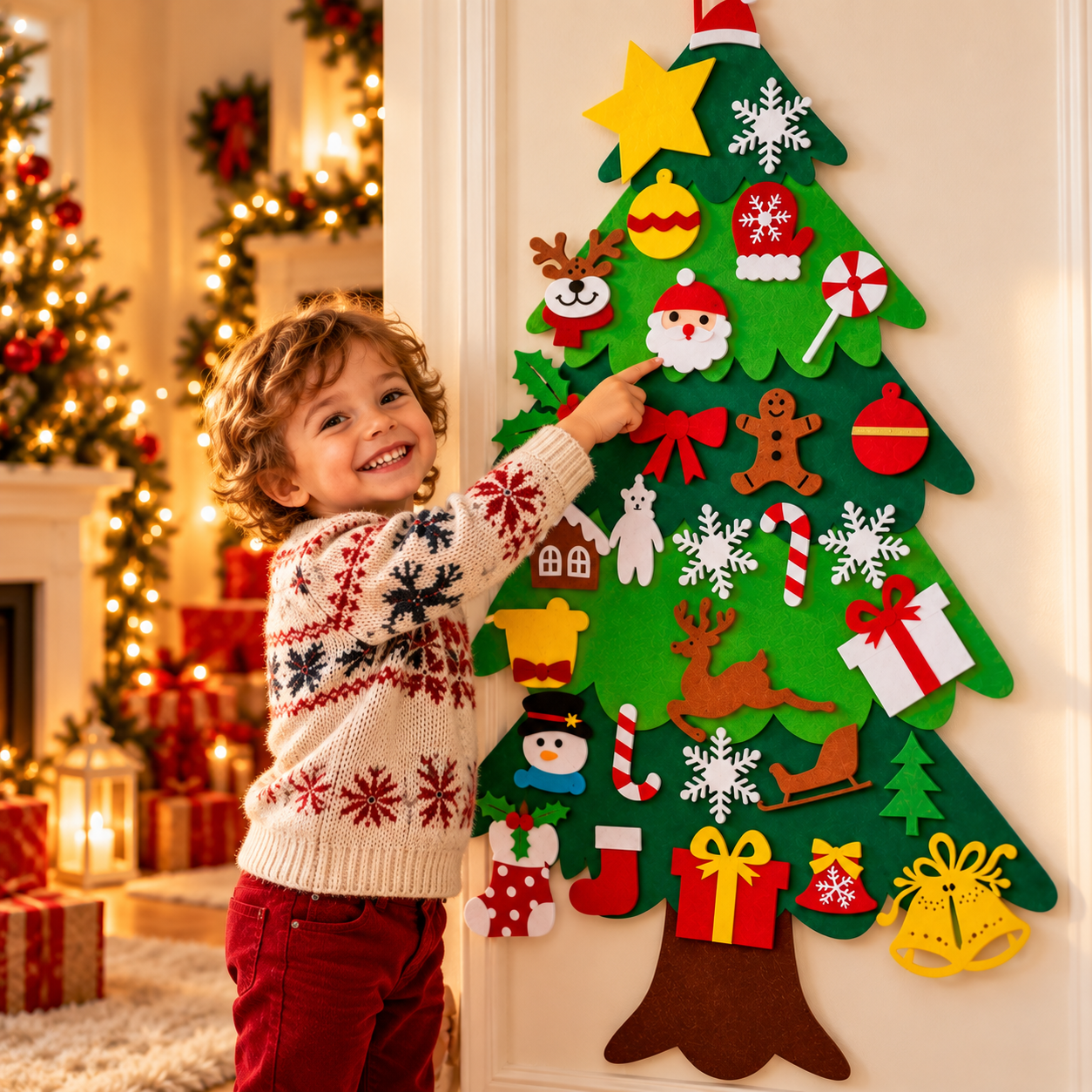 Bambino felice davanti al suo albero