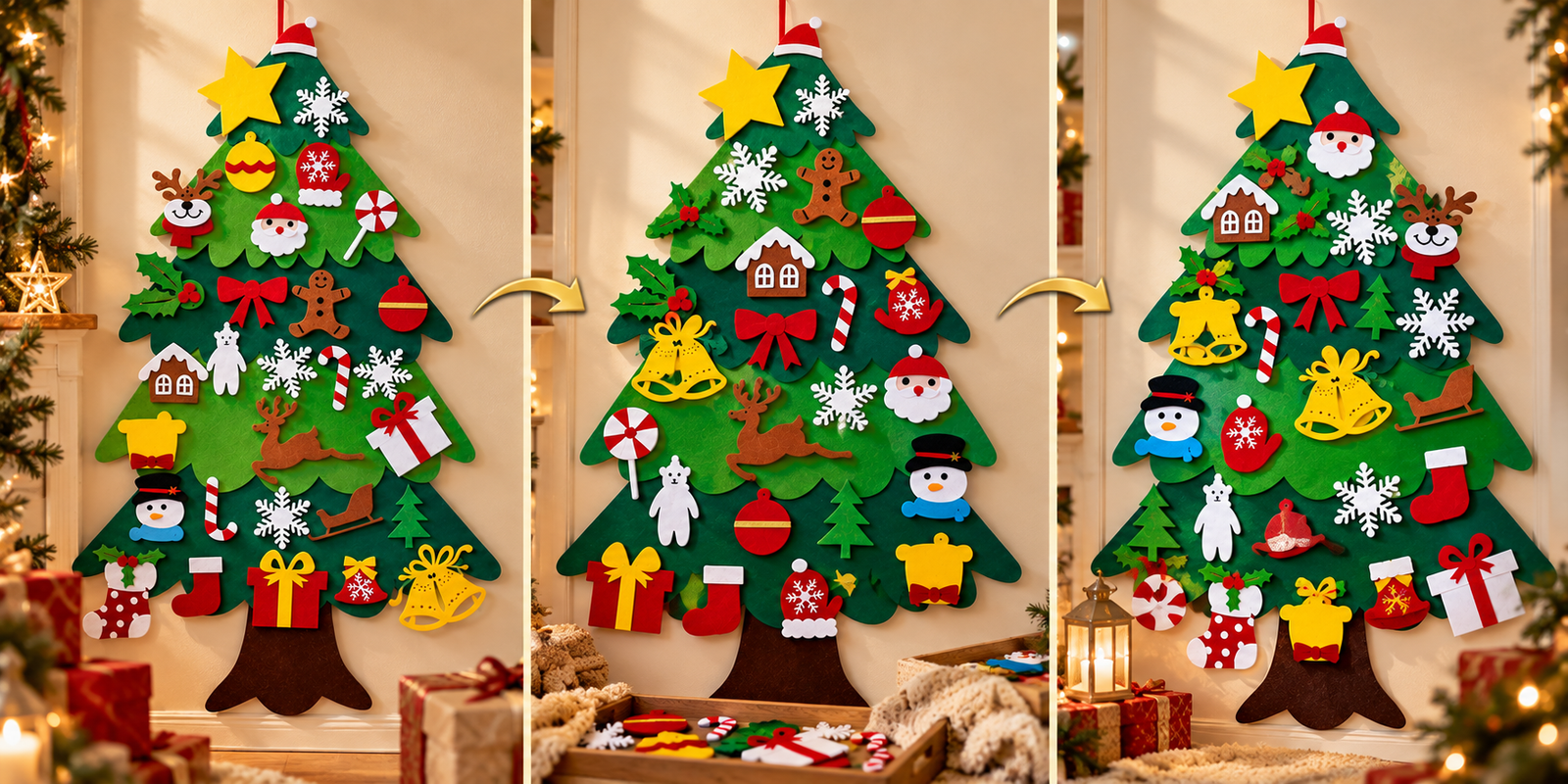 Diverse composizioni dell'albero di Natale in feltro