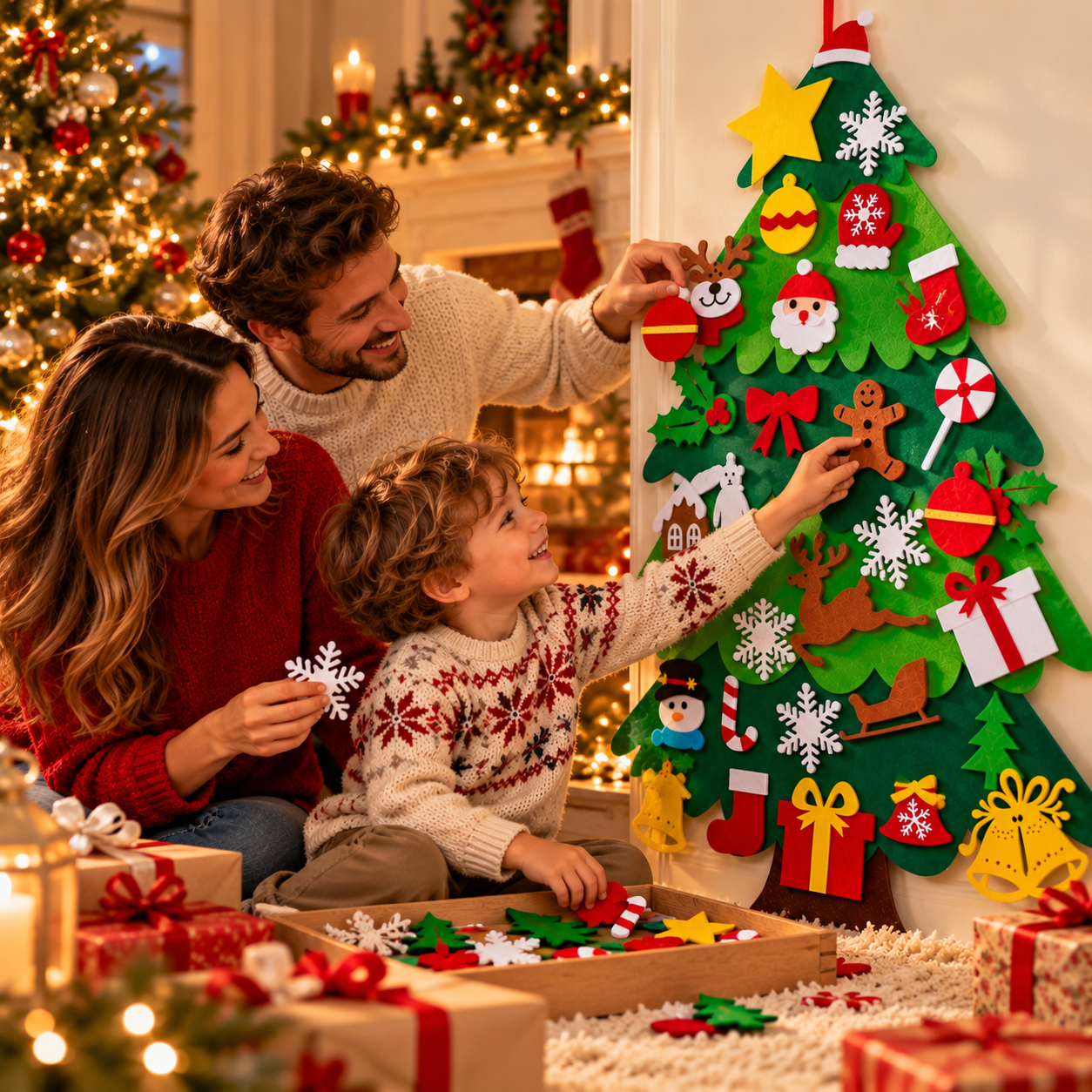 Genitore e bambino decorano insieme l'albero