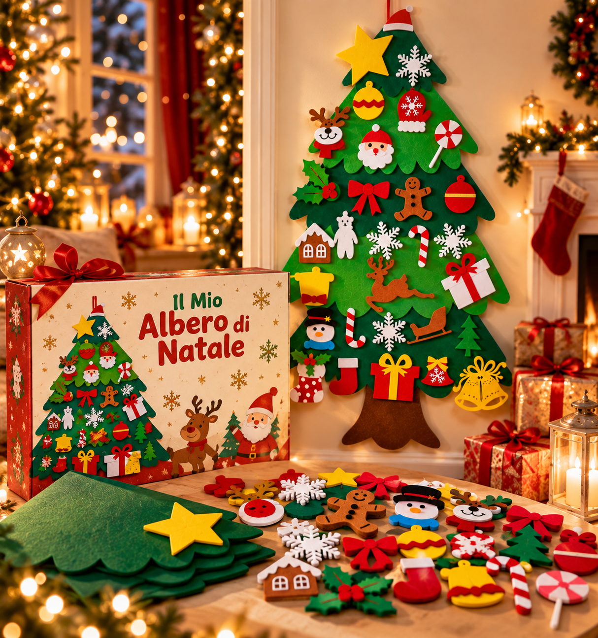 Albero di Natale in feltro e decorazioni